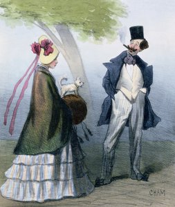 "Vi gentlemän älskar alla dygdiga jungfrur", karikatyr som föreställer en skurk som beundrar en vacker flicka (färggravyr).